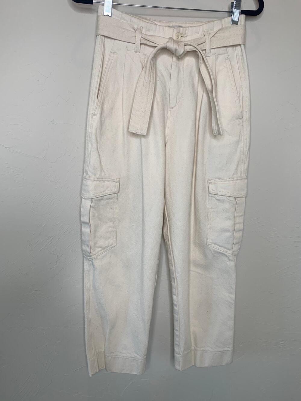 French Connection High Waist Pleat Cargo Cream Denim Pants Sz 4 XS